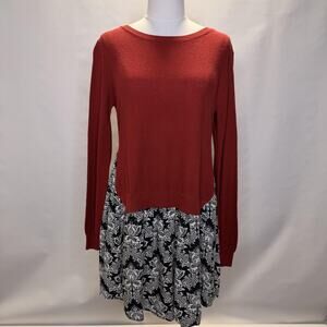 THML Sweater Dress Womens Large Red Black Floral Knit Long Sleeve Mixed Media